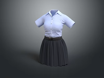 Light Blue Short Sleeve Shirt with Dark Gray Pleated Skirt and Belt 3d model