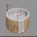 Swing Door Bathroom Interior With Wooden Round Bathtub And Red Petals