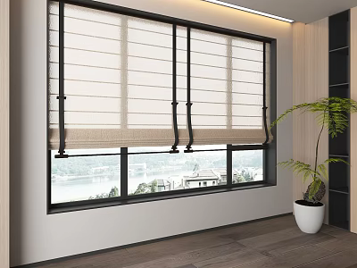 Textured Beige Roman Blinds For Large Window With River View And Green Plant 3d model