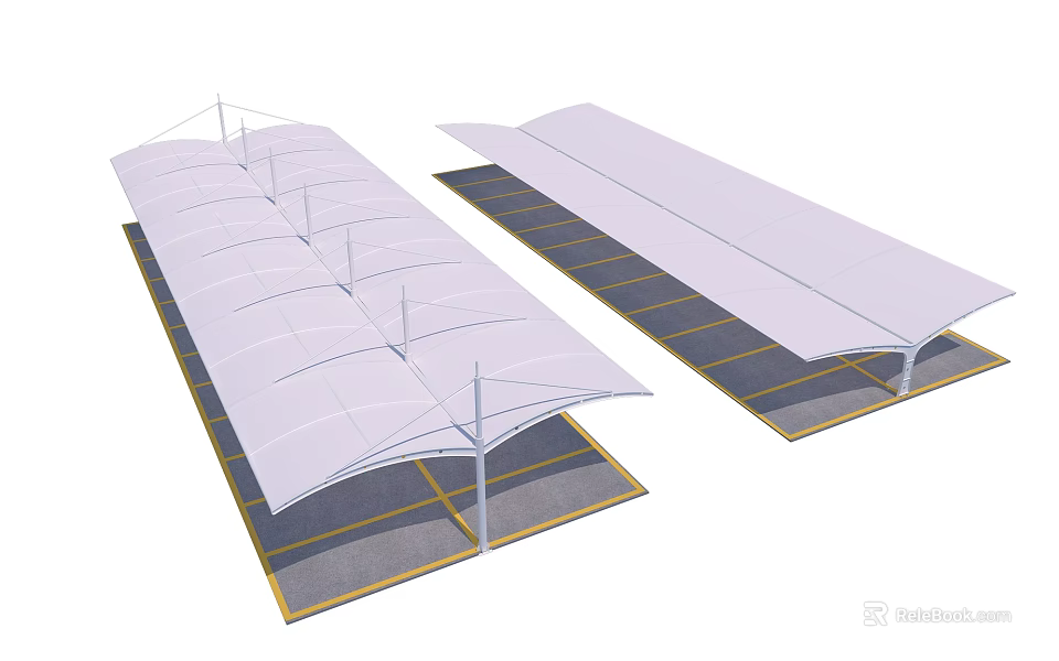 Membrane Structure Shade Canopies Covering Parking Lot With Yellow Line Markings 3d model 