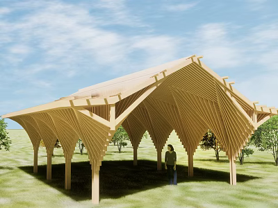 Modern Wooden Pergola With Curved Slats Supporting Columns Person Standing Under Grassland Trees Blue Sky 3d model