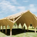 Modern Wooden Pergola With Curved Slats Supporting Columns Person Standing Under Grassland Trees Blue Sky