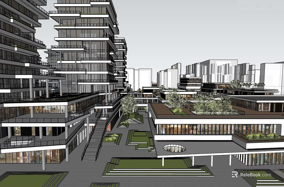Modern High Rise Commercial Street With Multi Story Shops Roof Gardens And Open Plazas 3d model 