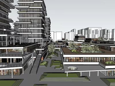 Modern High Rise Commercial Street With Multi Story Shops Roof Gardens And Open Plazas 3d model