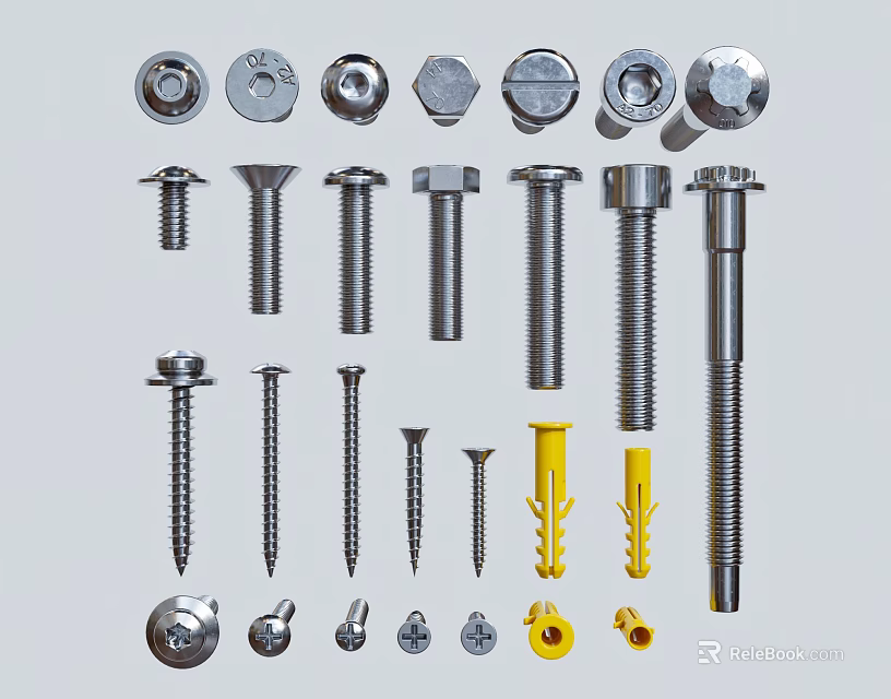 Various Metal Hardware Tools Including Bolts Nuts Screws Washers And Expansion Anchors 3d model 