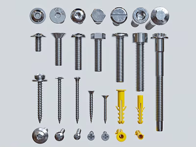 Various Metal Hardware Tools Including Bolts Nuts Screws Washers And Expansion Anchors 3d model
