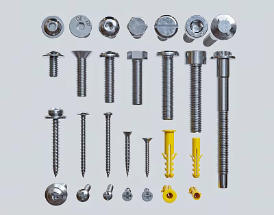 Various Metal Hardware Tools Including Bolts Nuts Screws Washers And Expansion Anchors 3d model