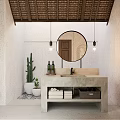 Minimalist Bathroom Concrete Washbasin With Round Mirror Wooden Ceiling And Cactus Towels