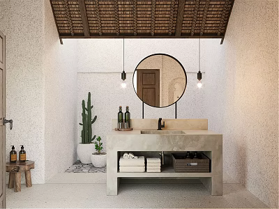 Minimalist Bathroom Concrete Washbasin With Round Mirror Wooden Ceiling And Cactus Towels 3d model