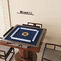 Minotti Wooden Table With Blue Surface And Four Gray Cushioned Chairs Near Window Blinds
