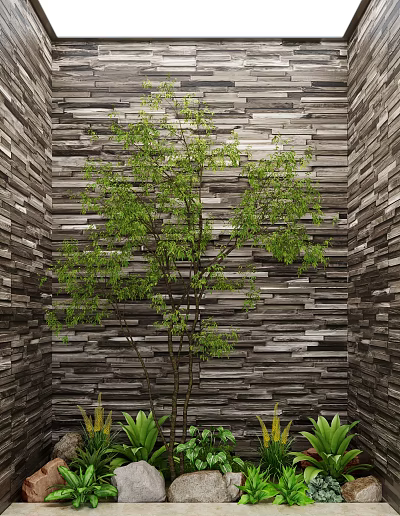 Natural Garden Landscape Design With Gray And White Wooden Slat Walls And Lush Green Trees 3d model