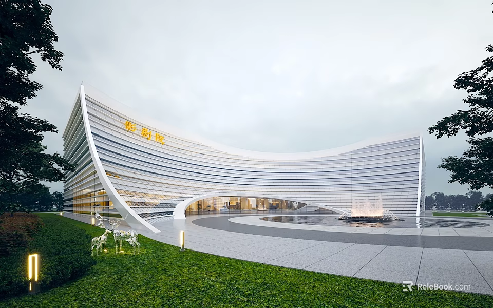 Modern Curved Sales Office Building With Glass Curtain Wall And Lawn Sculptures 3d model 