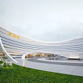 Modern Curved Sales Office Building With Glass Curtain Wall And Lawn Sculptures