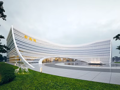 Modern Curved Sales Office Building With Glass Curtain Wall And Lawn Sculptures 3d model