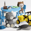 Playful Stuffed Bear And Whale Toys With Blue Table Chair Set Yellow Tricycle