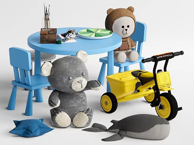 Playful Stuffed Bear And Whale Toys With Blue Table Chair Set Yellow Tricycle 3d model