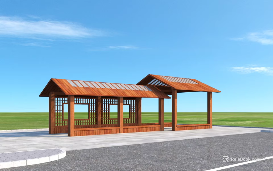 Wooden Pergola with Double Roof Lattice Panels and Bench Seating Under Blue Sky 3d model 
