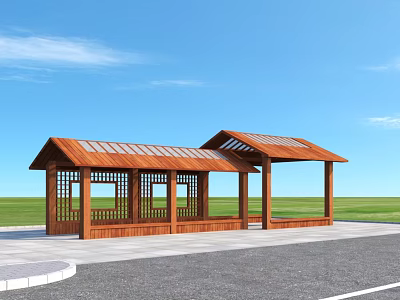 Wooden Pergola with Double Roof Lattice Panels and Bench Seating Under Blue Sky 3d model