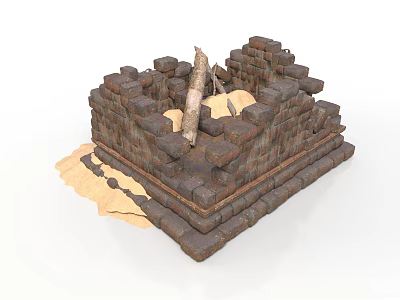 Modern Outdoor Square Brick Fire Pit Structure With Wood Log And Sand Area 3d model