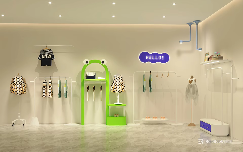 Cute Kids Clothing Store with Green Frog Decoration Display Racks and HELLO Sign 3d model 