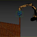 Yellow Construction Excavator Performing Pile Driving Work With Blue Driver Attachment And Wooden Piles