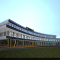 Modern School Building With Curved White Exterior Blue Accents Yellow Pillars And Glass Windows