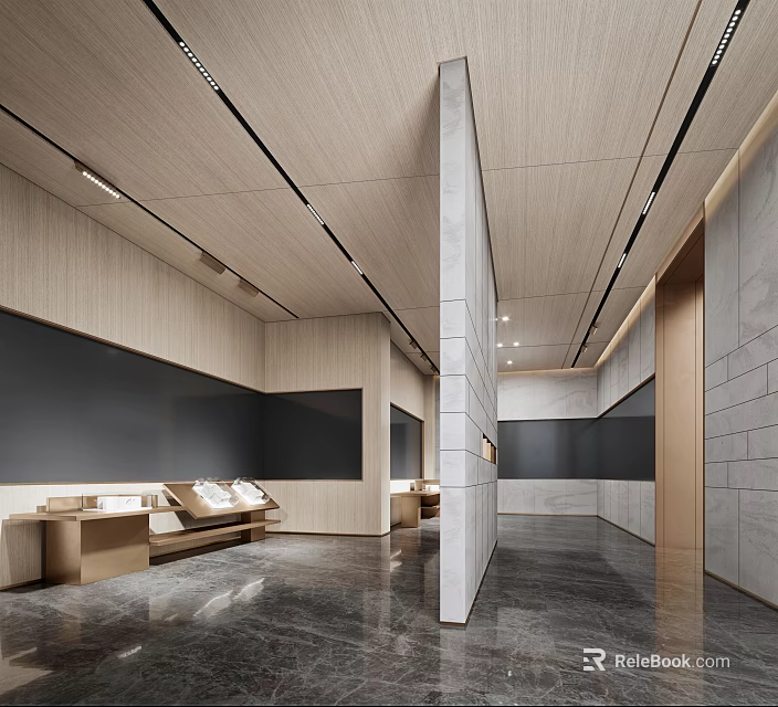 Modern Sales Office Interior Design With Wooden Ceiling Marble Floor Display Counters And Wall Panels 3d model 