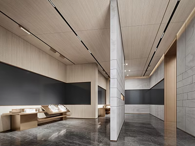 Modern Sales Office Interior Design With Wooden Ceiling Marble Floor Display Counters And Wall Panels 3d model