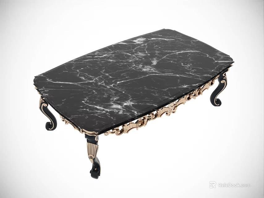Luxury Black Marble Coffee Table With Gold Ornate Edges And Decorative Legs 3d model 