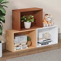 Light Wood Bookshelf With Stuffed Giraffe Toy Stacked Books And Small Potted Plant