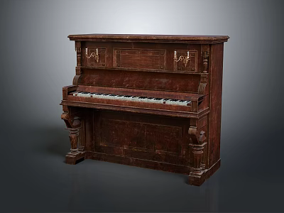 Vintage Wooden Upright Piano With Intricate Carved Details And Dark Brown Finish 3d model