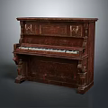 Vintage Wooden Upright Piano With Intricate Carved Details And Dark Brown Finish