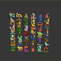 Orange Hieroglyphic Style Sculpture Carving With Multiple Symbolic Figures Against Gray Background And Reflection