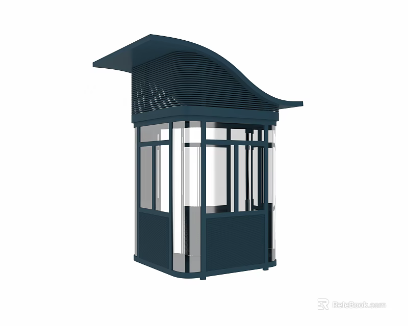 Modern Security Booth With Glass Structure And Curved Dark Roof Design 3d model 