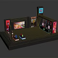 Modern Exhibition Booth With Black Design Multiple Screens Character Images Top Logo And Lighting