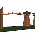 Traditional Memorial Archway With Two Tower Like Structures Chinese Characters Central Beam And Red Decorations