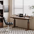 Modern Wooden Desk With Laptop Lamp Cup And Black Leather Chair By Window