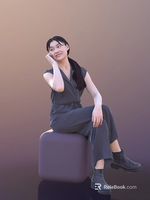 Woman Sitting On Purple Stool In Gray Jumpsuit With Ponytail And Hand On Cheek 3d model 