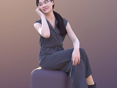 Woman Sitting On Purple Stool In Gray Jumpsuit With Ponytail And Hand On Cheek 3d model