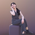 Woman Sitting On Purple Stool In Gray Jumpsuit With Ponytail And Hand On Cheek