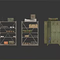 Military Style Storage Shelves And Cabinet With Boxes Rolled Items Lantern And Books