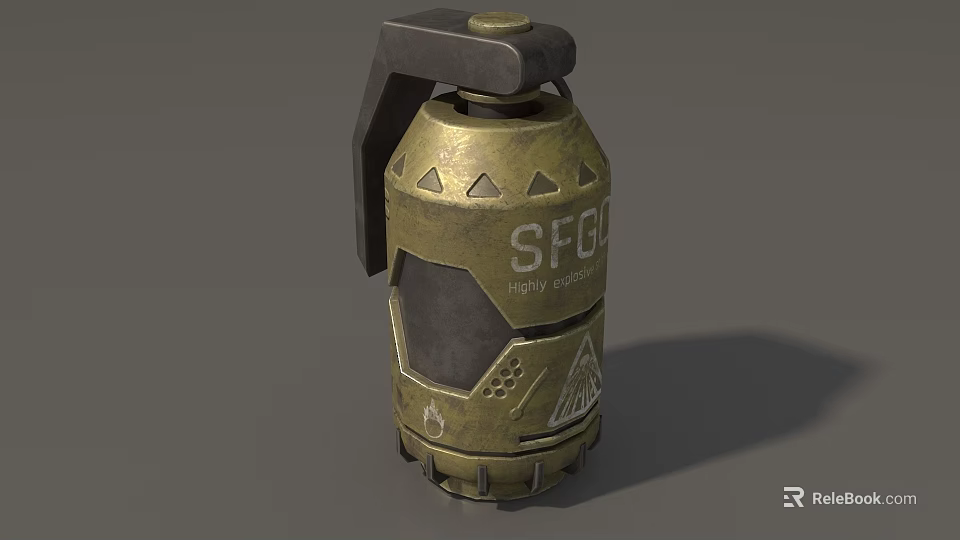 Brass Colored Military Grenade With SFG Marking Low Yield Geometric Patterns And Black Fuse Handle 3d model 