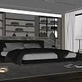 Modern Double Bed In Stylish Bedroom With Bookshelves Glass Door Cabinets And Accent Chair