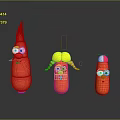 Three Playful Cartoon Carrot Characters With Funny Faces And Decorative Details