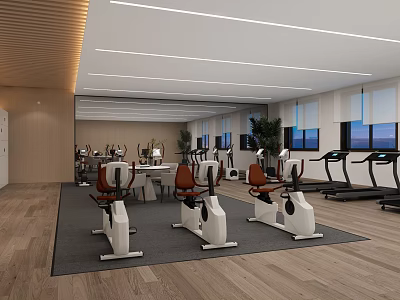 Modern Fitness Gym Interior With Exercise Bikes Treadmills Ceiling Lights And Wooden Floors 3d model