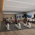 Modern Fitness Gym Interior With Exercise Bikes Treadmills Ceiling Lights And Wooden Floors