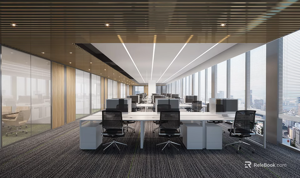 Modern Public Office Space Interior Design With Open Layout Large Windows And Work Desks 3d model