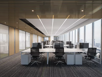 Modern Public Office Space Interior Design With Open Layout Large Windows And Work Desks 3d model