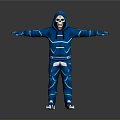 Futuristic Skeleton Masked Character In Blue Hoodie With Glowing Lines And Outstretched Arms
