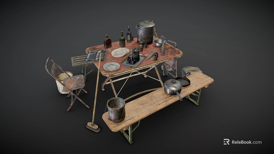 Rustic Vintage Wooden Table With Chair Bench And Old Kitchen Items 3d model 